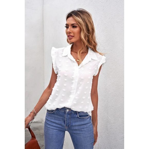 Tops - Boho Style White Turn down Collar Ruffle Polka‎ Dot Tank Size Small RefI021